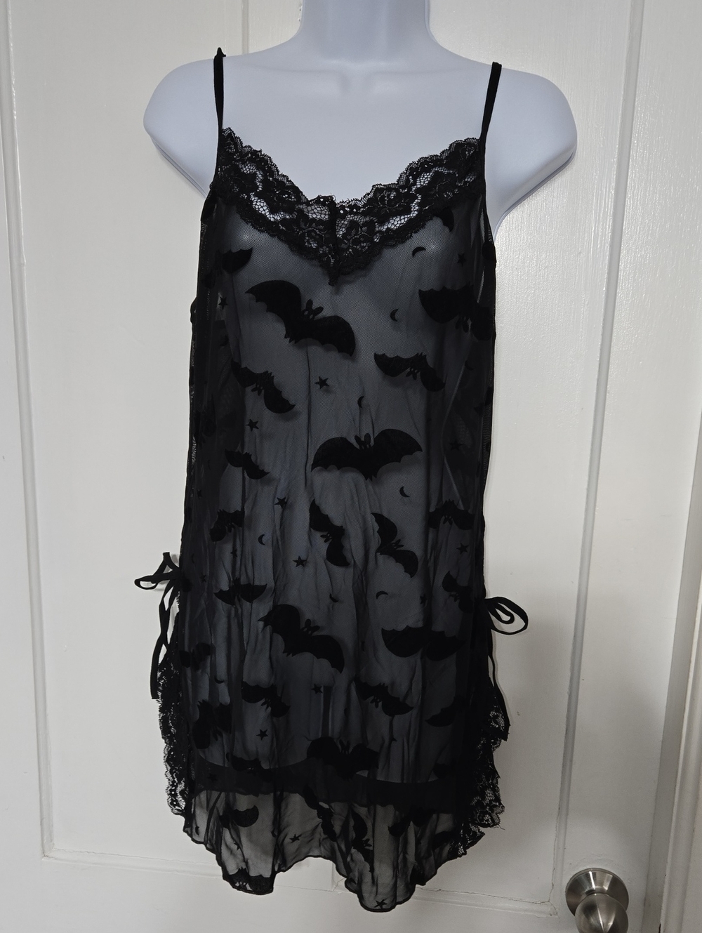 Sheer Black Bat-Print Lace Slip Dress Or Nightie XL